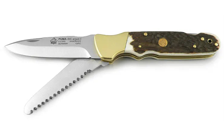 PUMA 2+2 Ergon I mit Saege Stag Auslaufmodell geöffnet, Jagdtaschenmesser mit Saege