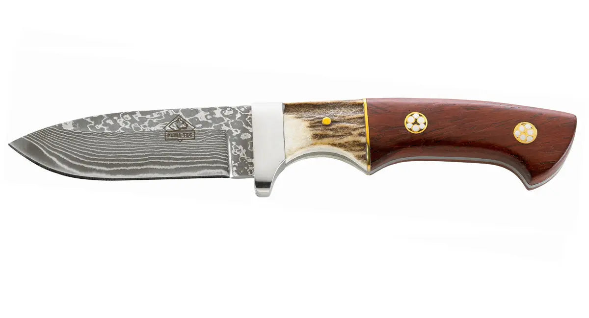 PUMA TEC Guertelfeststehend Damast Auslaufmodell V2 Frontansicht, Outdoormesser Damastklinge