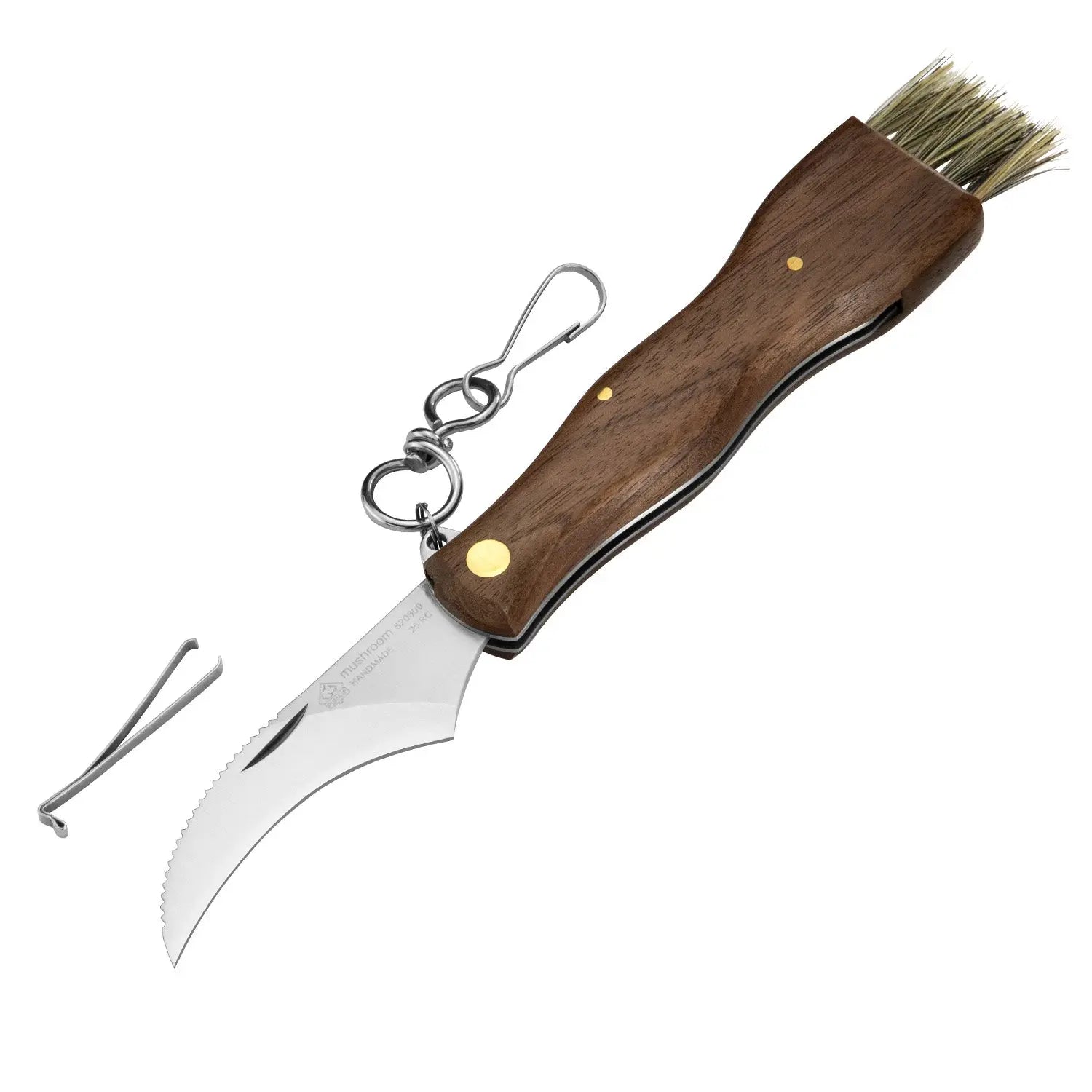 PUMA IP Mushroom Knife with Brush, Tweezers and Carabiner, Walnut Wood