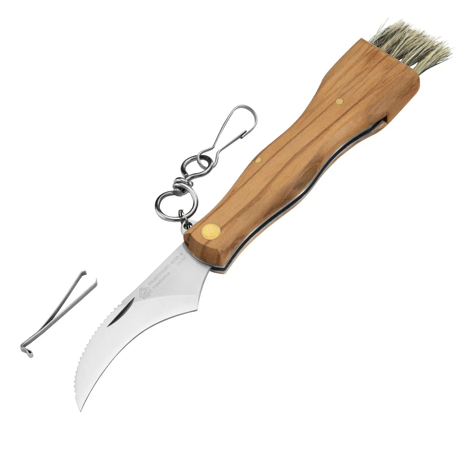 PUMA IP Pilzmesser mit Bürste, Pinzette und Karabiner, Olivenholz