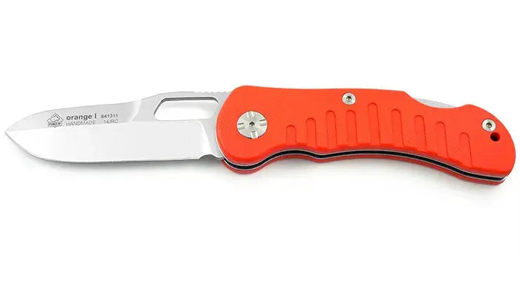 PUMA IP Jagdtaschenmesser Orange I geöffnet weissem Hintergrund, orangener Griff