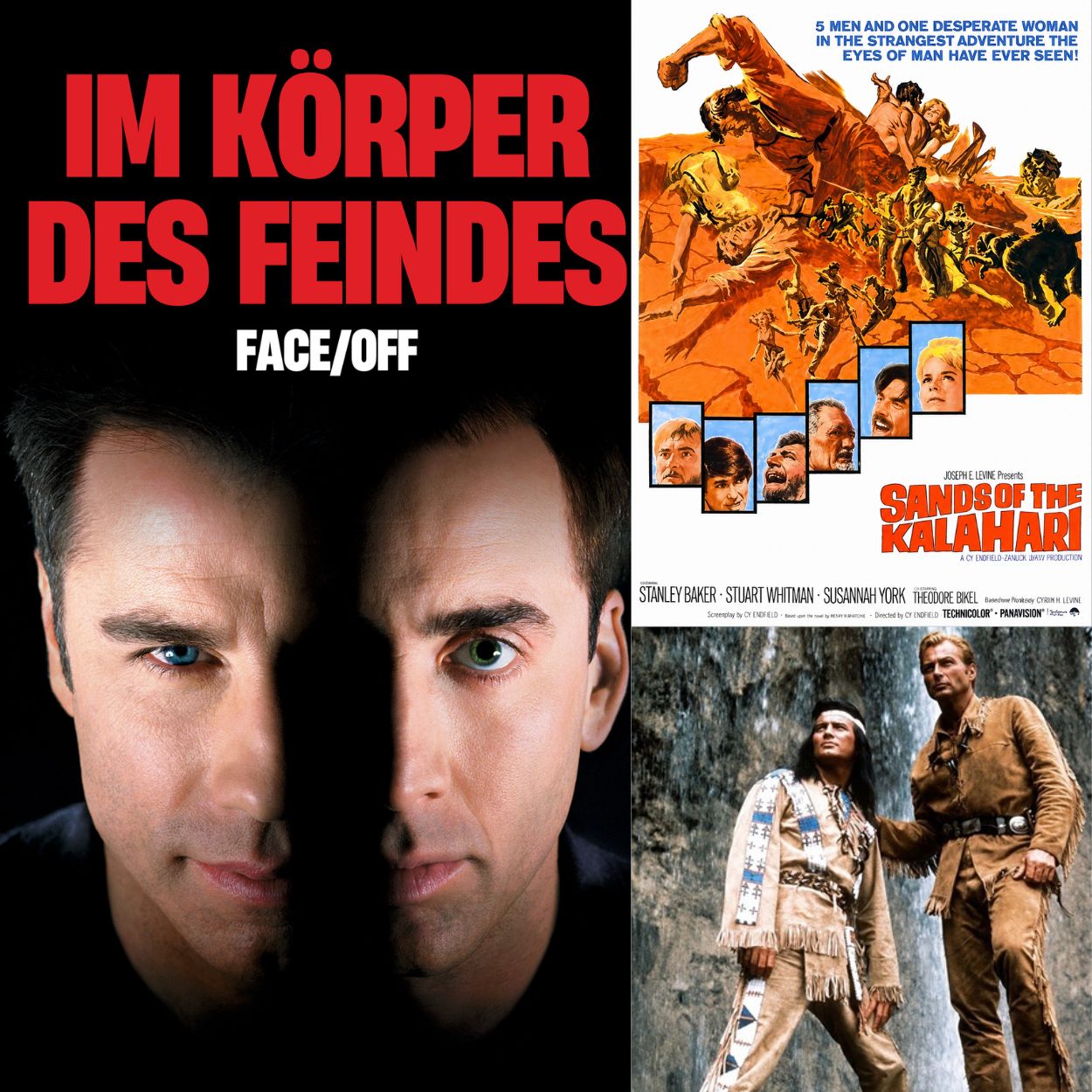 3 Filmcovers in einem Bild Face/off Sands of the Kalahari und Winnetou -Alles Filme in denen PUMA Messer vorkommen