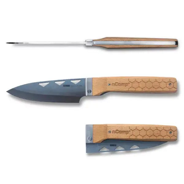 nCamp Premium Kochmesser (9cr18Mov Klinge/Buchengriff) mit Nylontasche