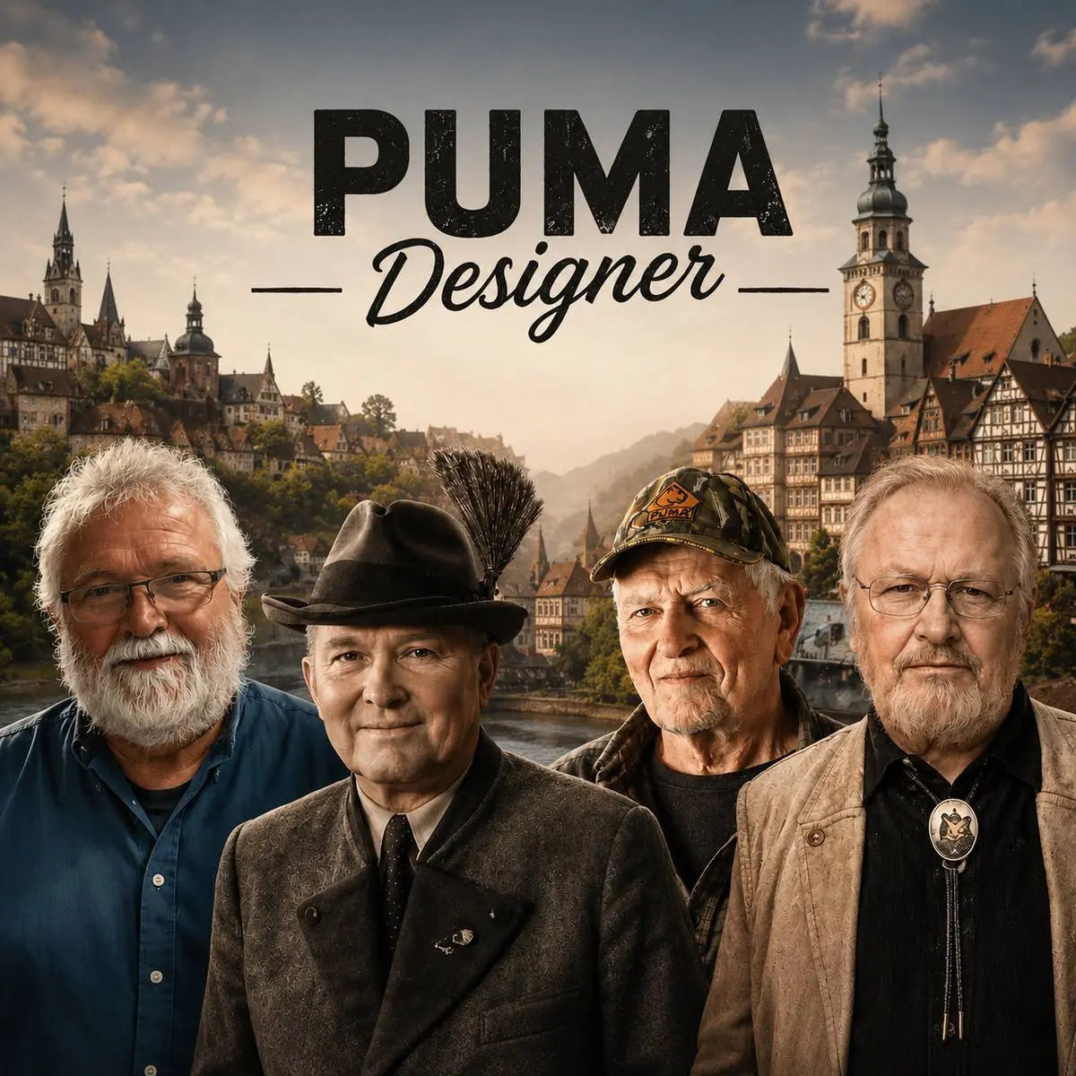 PUMA Designer – Walter Frevert, Tony Lennartz, Richard Hehn und Heinz-Peter Knoop vor Solinger Stadtkulisse