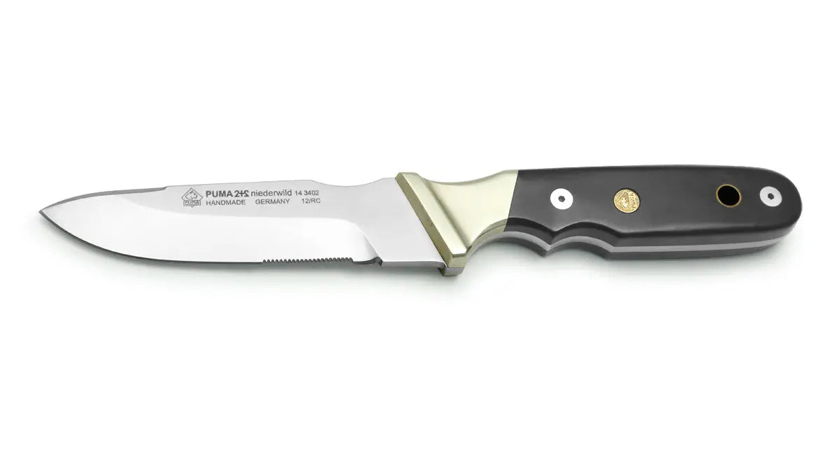 PUMA 2+2 Niederwild Micarta Auslaufmodell Frontansicht, Jagdmesserset mit Micarta-Griffen