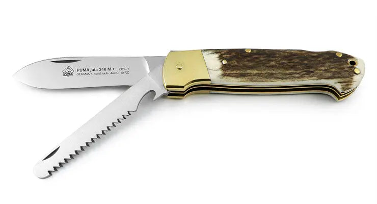 PUMA JATA 240 M mit Säge Taschenmesser geöffnet, Jagdtaschenmesser mit Säge und Jubiläumsdesign
