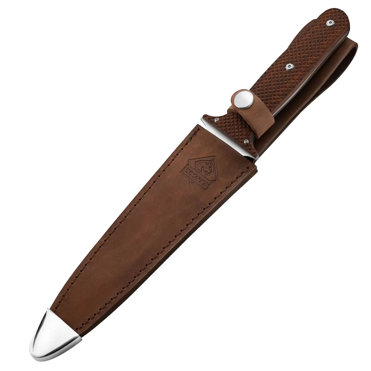 PUMA XP pig sticker 13, interceptor knife, brown Pakkawood with fish skin, leather sheath
