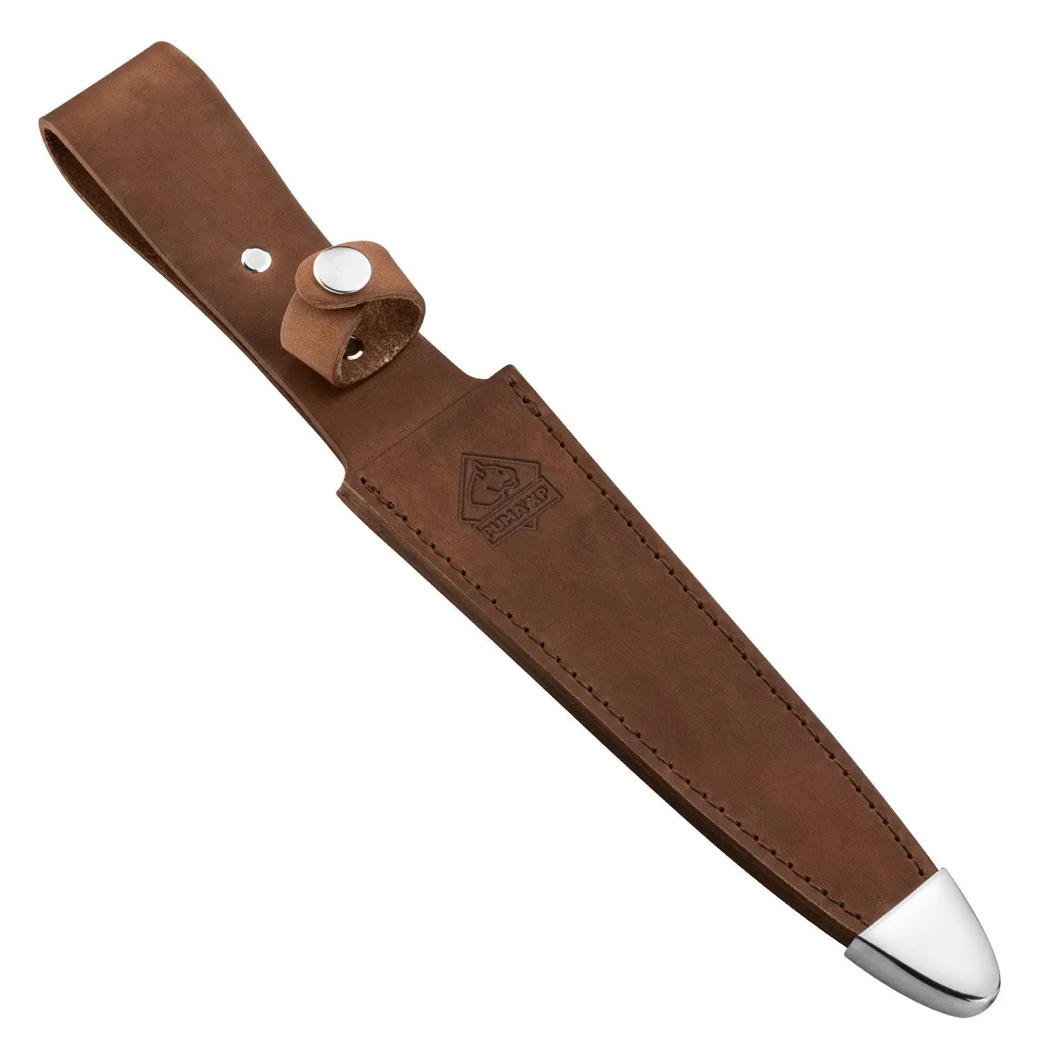 PUMA XP pig sticker 13, interceptor knife, brown Pakkawood with fish skin, leather sheath