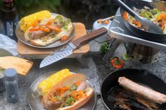 nCamp Elite Santoku-Style Food Prep Knife (Damastklinge/Walnussholzgriff) mit Lederetui